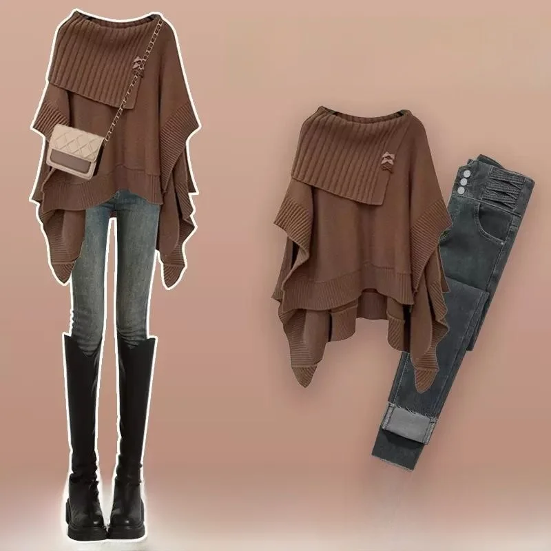 

Модный вязаный свитер и джинсы, комплект из двух предметов, с открытым плечом, осенняя коллекция для молодых женщин 8-25 лет