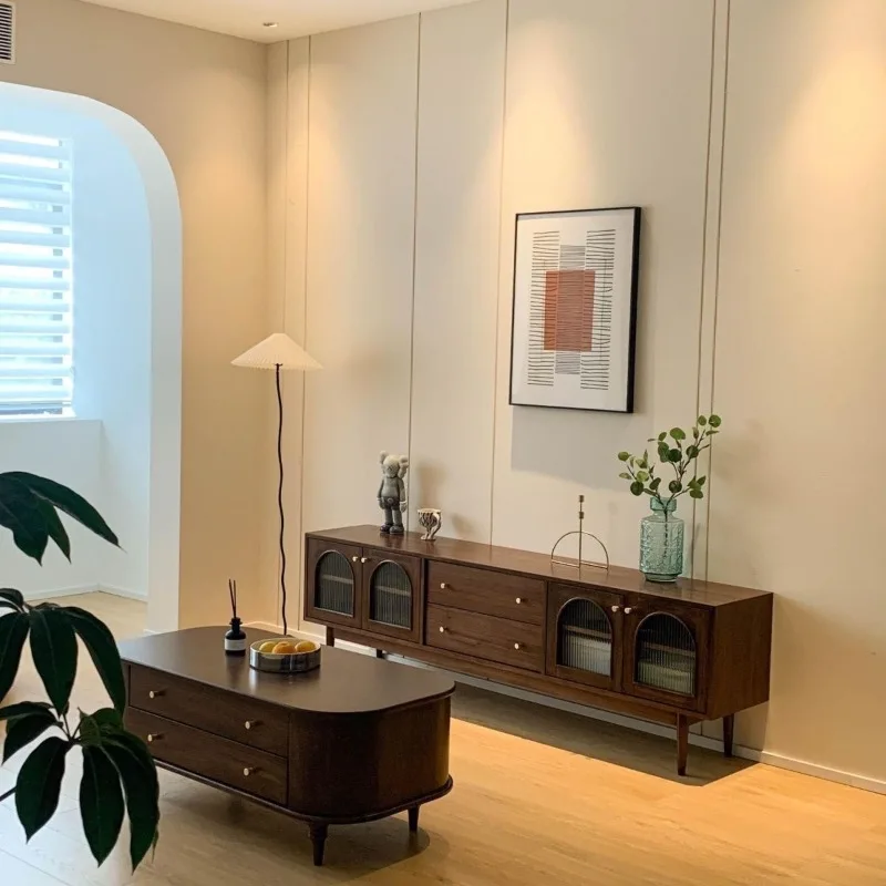 All solid wood coffee table American light luxury oval small apartment simple living room drawer storage tea table TV cabinet