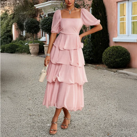 

Women's Casual Elegant High Waist Cake Dresses Temperament Commuting Summer New Fashion Bubble Sleeves Dress for Women's Wear