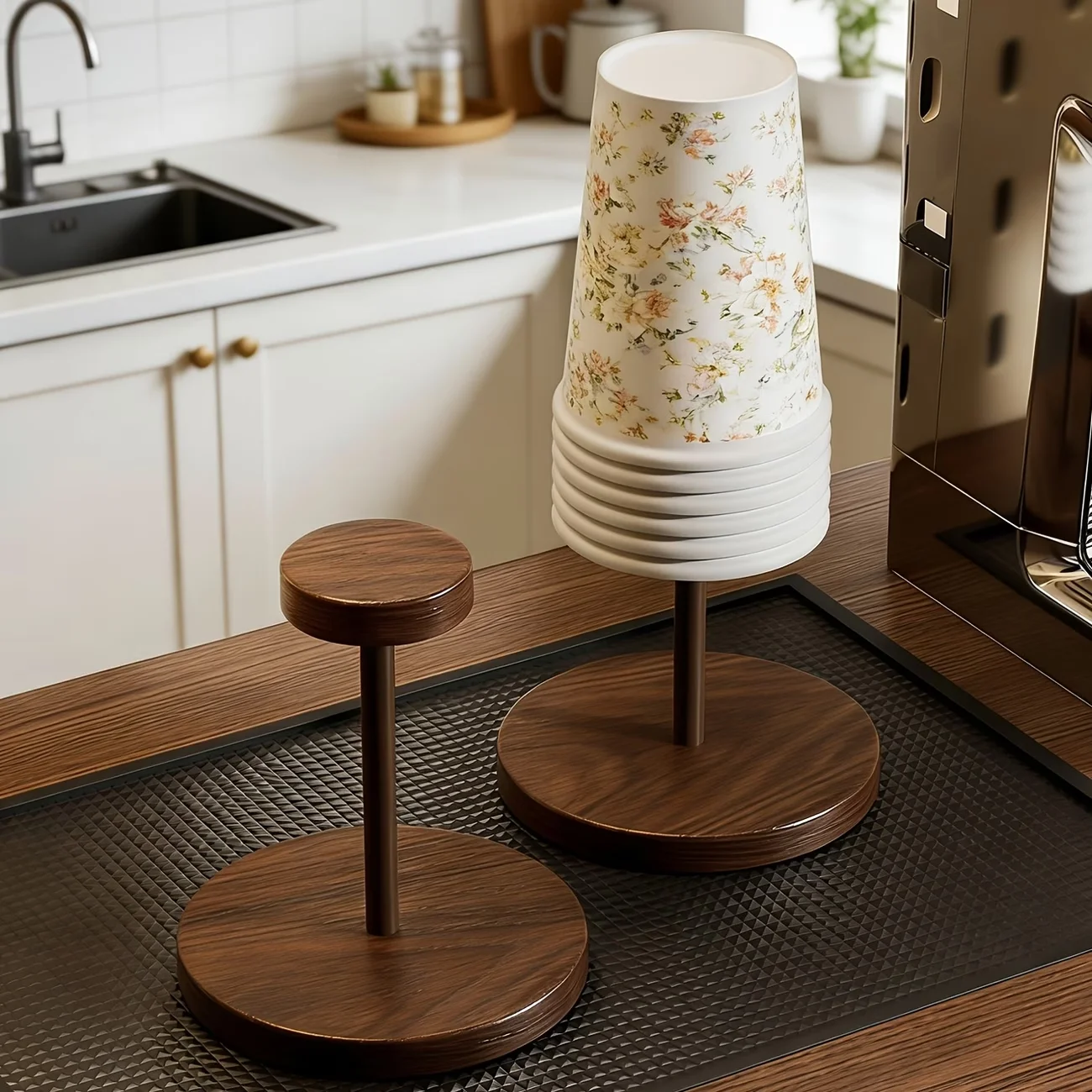 Walnut Color Countertop Cup Holder, Disposable Paper Cup Dispenser, Desktop Cutlery Storage Organizer Rack for Home Cafe