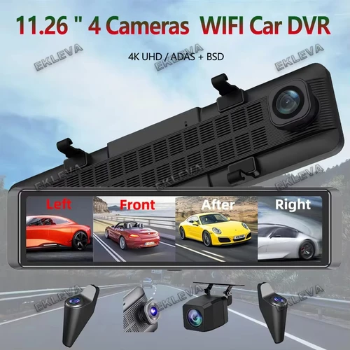 Imagen 2 del producto Cámara de salpicadero 4k, 4 canales, 11,26 pulgadas, ADAS BSD, DVR para coche, aplicación WIFI, espejo retrovisor, grabadora de vídeo automática, cámara Ultra HD 24H para estacionamiento 