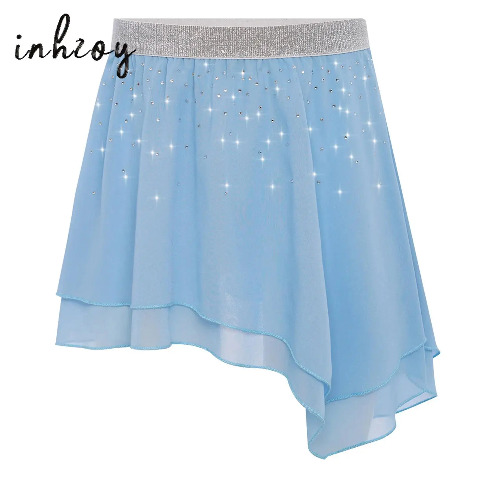 

Kids Girls Chiffon Dance Skirt Elastic Waistband Rhinestones Asymmetrical Skirt Figure Skating Performance Ballet Dance Costume