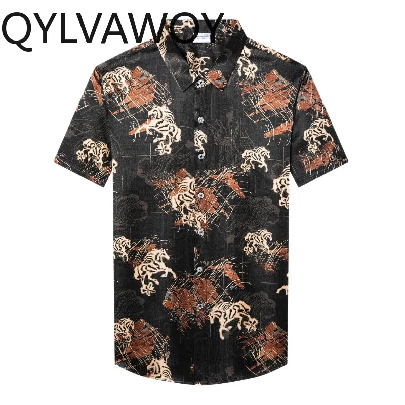 QYLVAWOY Preimum Men's Shirts Thin Shirts for Man 92.5% Mulberry Silk Short Sleeve Summer Tops Printed Brand Shirts Luxury 고퀄 셔츠
