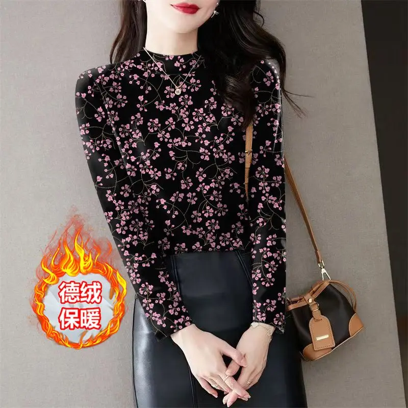 Half High Collar Fleece Thick Bottoming Shirt Women Autumn Winter Trend Printing Long Sleeve T-Shirt Casual All-match Warm Tops