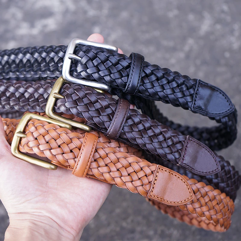 革織りベルト-カジュアル-ビジネス-パンツベルト-男女兼用-トップレイヤー牛革-細め-アメリカン-レトロスタイル-幅30cm