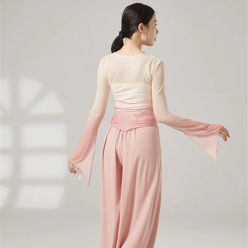 Trasparente Sexy Dancewear Donna Danza moderna Hanfu Camicia di garza Tulle irregolare Manica lunga Pratica Top Folk cinese Estate XL