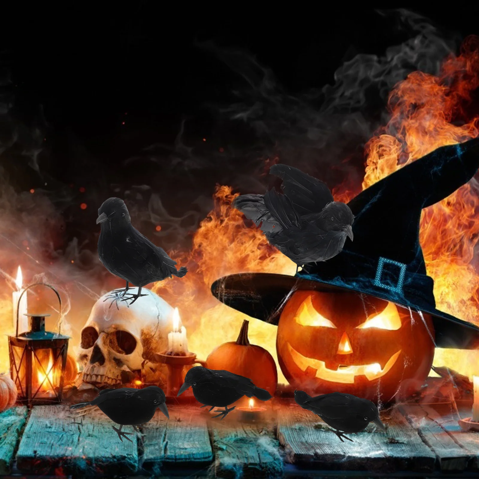 

5Pcs Simulation Crows Halloween Realistic Crow Decorations Spooky Haunted House Outdoor Indoor Reusable Crow Model
