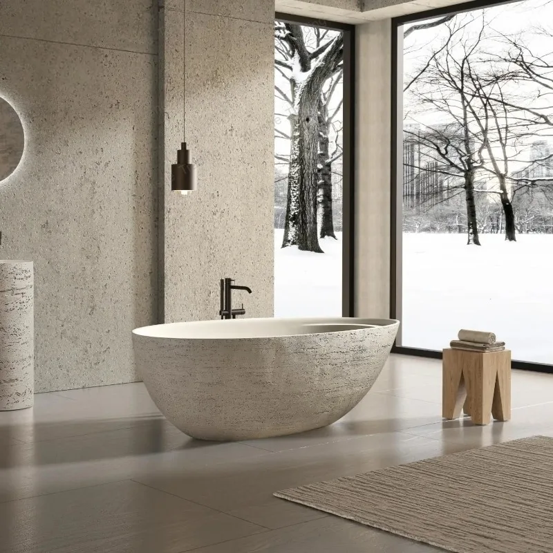 Custom Natural Beige Roman Travertine Bathtub Freestanding Soaking Tub Luxury Villa Hotel Easy Clean Heat Retaining Dur