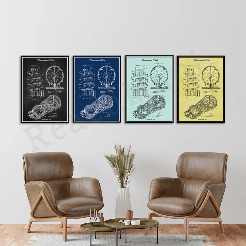 Amusement Park, Roller Coaster, Patent Print, Carnival Patent, Coney Island, Ferris Wheel, Waterslide, Blueprint Poster