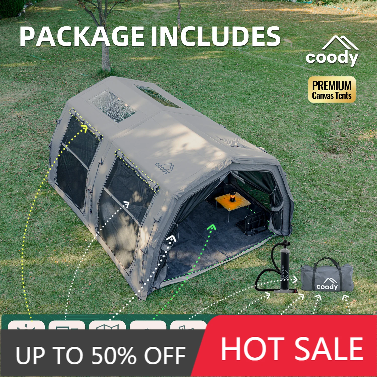 Coody 17.2 Familia Pro Air Tent Gray Cotton Fabric Spacious Inflatable Shelter for Outdoor Family Camping