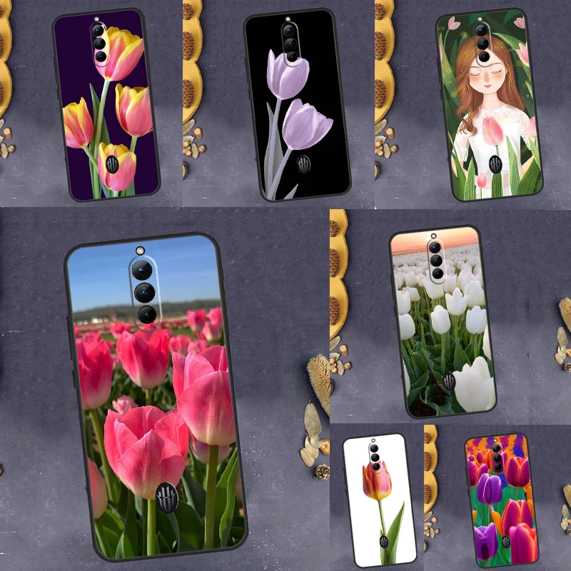 Tulip Flower Black Soft Case For ZTE Nubia Red Magic 8 Pro Plus 5G 5S 6R 6 6S 7 7S Pro Back Cover