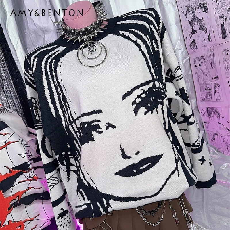 

Осень-зима, новые двусторонние жаккардовые женские свитера, пуловер в стиле панк с героями мультфильмов, аниме, вязаный свитер с круглым вырезом, женский