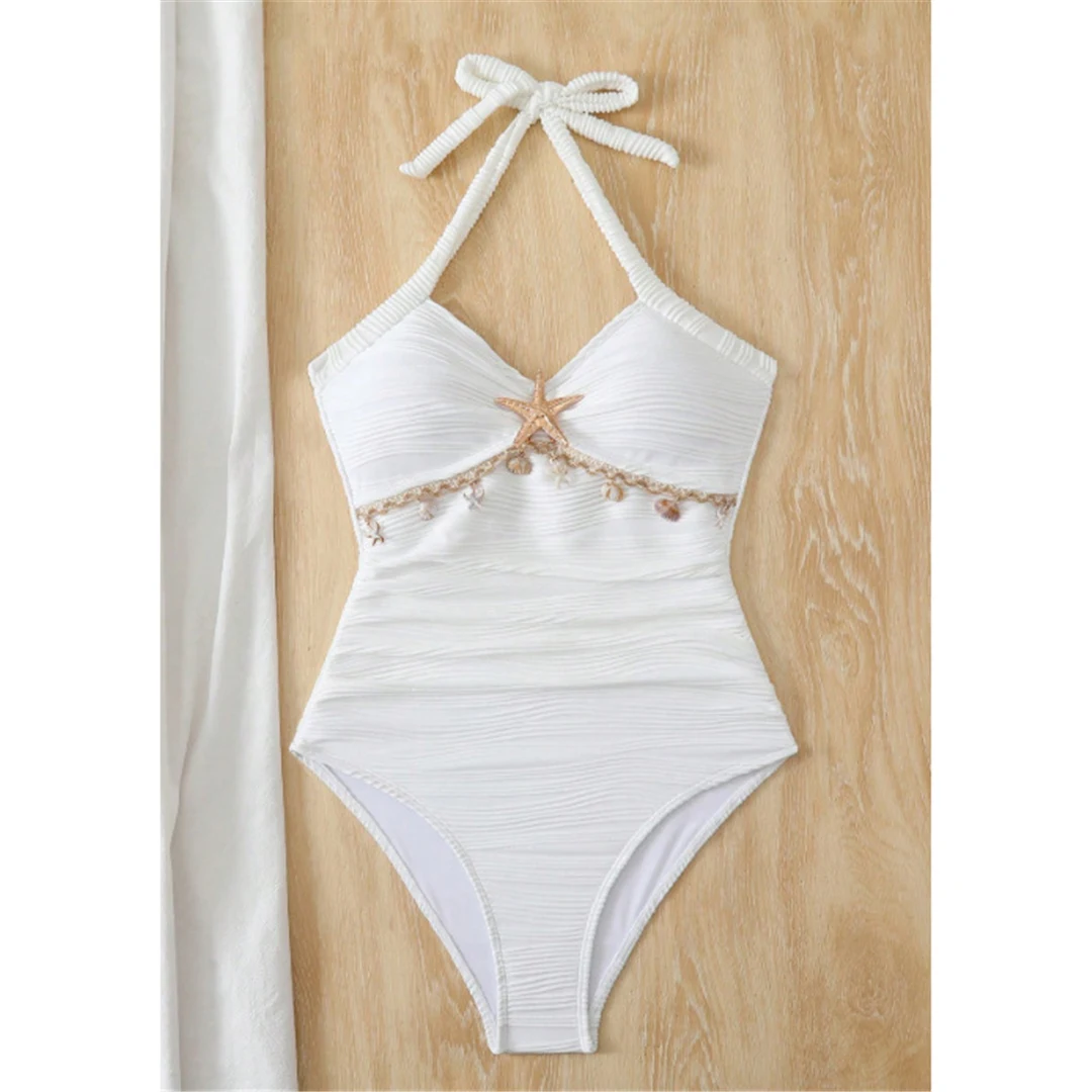 S - XL, Badeanzug mit Wellenmuster, Metallstern-Design, Damen-Badebekleidung, einteiliger Badeanzug, Damen-Badeanzug mit hohem Beinausschnitt, Monokini, Badeanzug, Modell V7850. – Detail 2