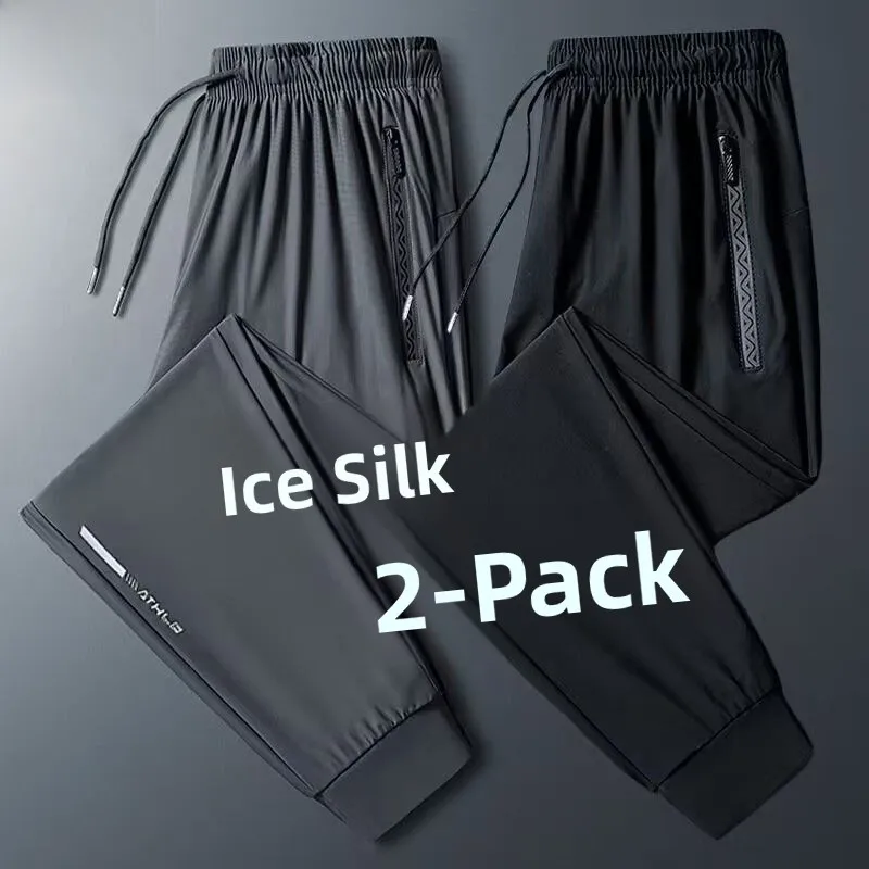 

Мужские летние тонкие спортивные брюки из эластичного ледяного шелка с манжетами, свободного кроя, прямые, больших размеров, для комфортного ношения