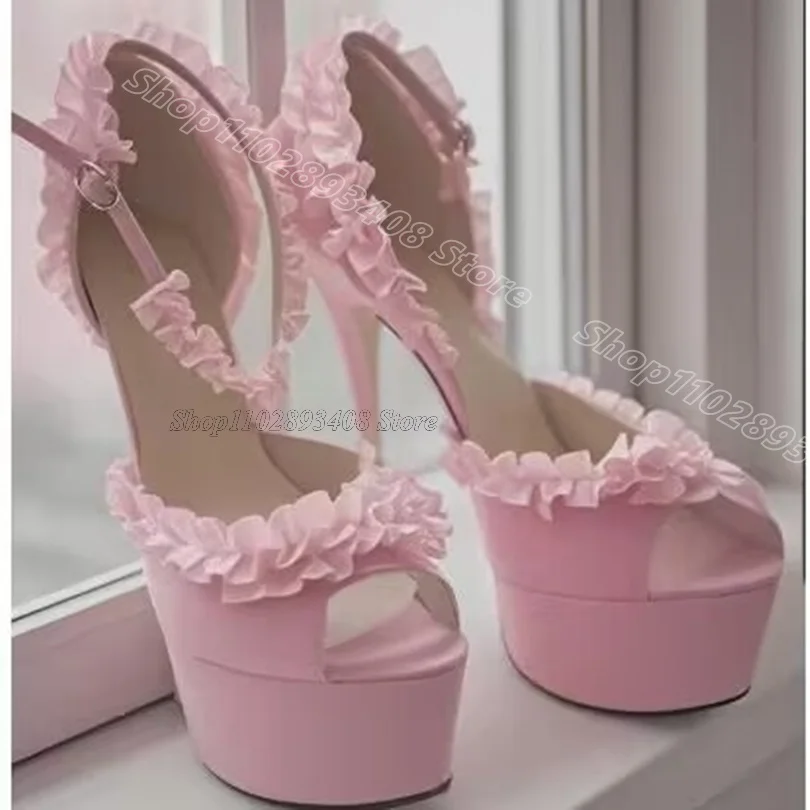

Pink Trim Decor Platform Sandals Stiletto Silk Ankle Buckle Sweet Style Fashion Women Party Dress Shoes 2025 Zapatos Para Mujere