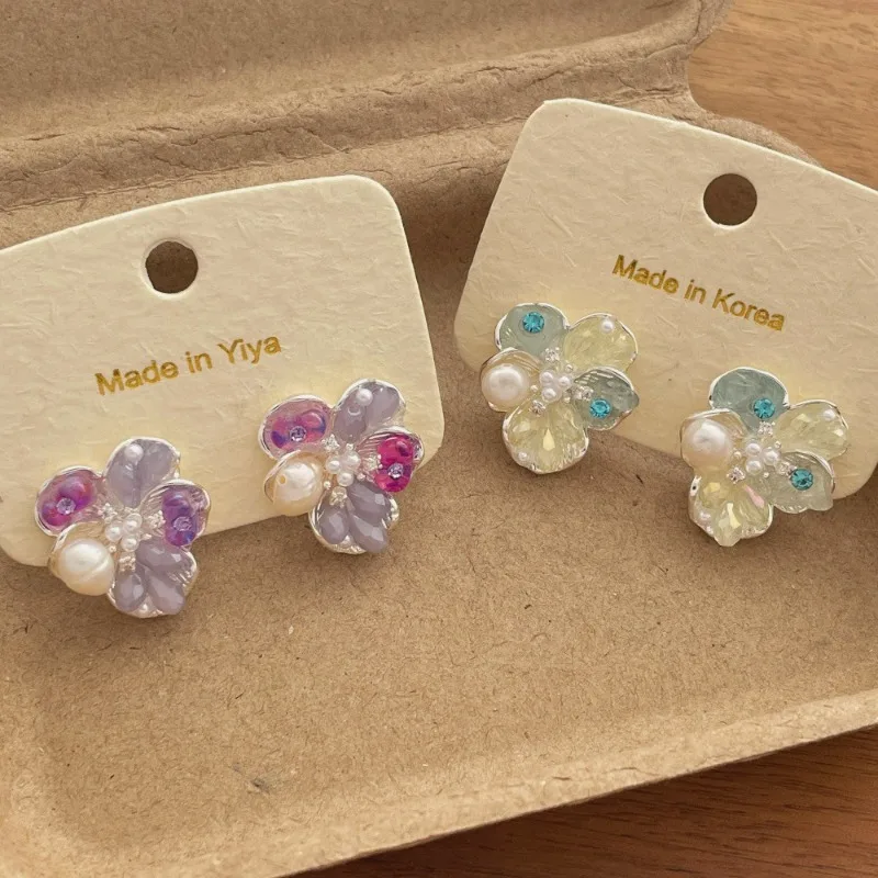 

Minar Stylish Mix Color Glass Beads Rhinestone Imitation Pearl Flower Dangle Earrings for Women Mujer Wholesale Wedding Jewelry