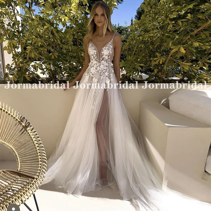 

3D Petals Appliques Summer Beach Bridal Gowns with High Slit Spaghetti Straps Plunging V-neck Mori Wedding Dress for Women 2023