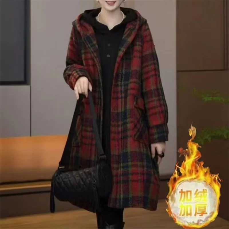 Women Lattice Woolen Coat Mid-length Hooded Woolen Jacket 2026 Female Winter New Loose Thick Profile Small Woolen Coat Belt A819