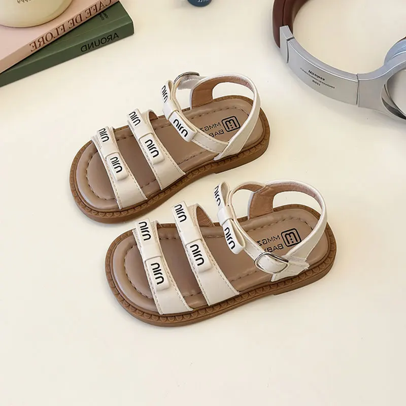 Girls Open Toes Sandals Kids Thin Band Bow Shoes Baby Hoop Loop Leather Sandal 2025 Summer Child Barefoot Casual Shoe for 21-36