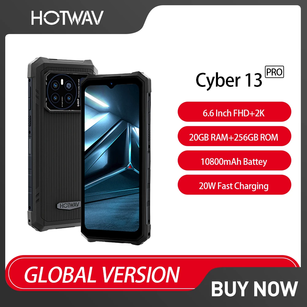 HOTWAV Cyber 13 Pro Rugged Smartphone 6.6'' FHD+ 2K  20GB+256GB 150LM Flashlight Mobile Phone 64MP 10800mAh Cellphone Android 13