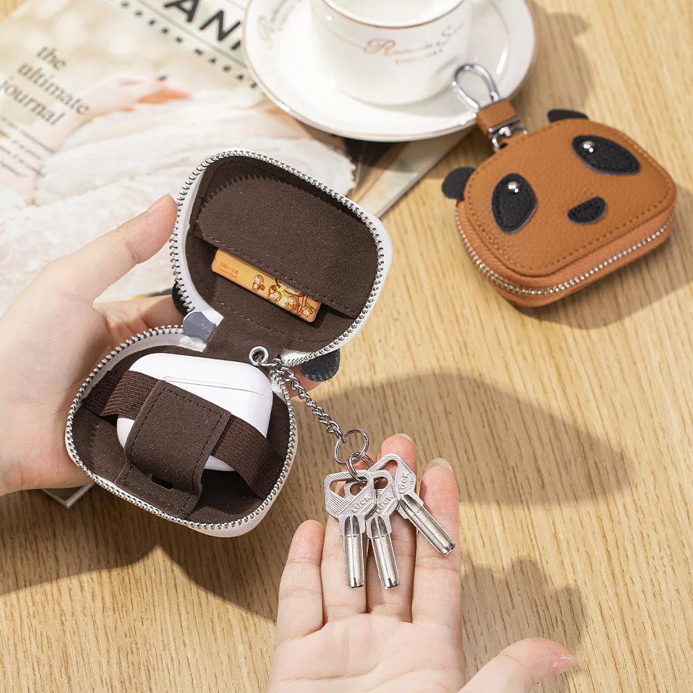 Earbud Carrying Case Small Key Wallets with Hanging Buckle Genuine Leather Portable Earphone Case Protective with Keychain