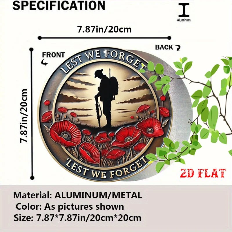 Lest We Forget Soldier Poppy 2D Flat Tin Sign - Remembrance Day Military Veteran Commemorative Wall Decor for Home, Memorial Sit