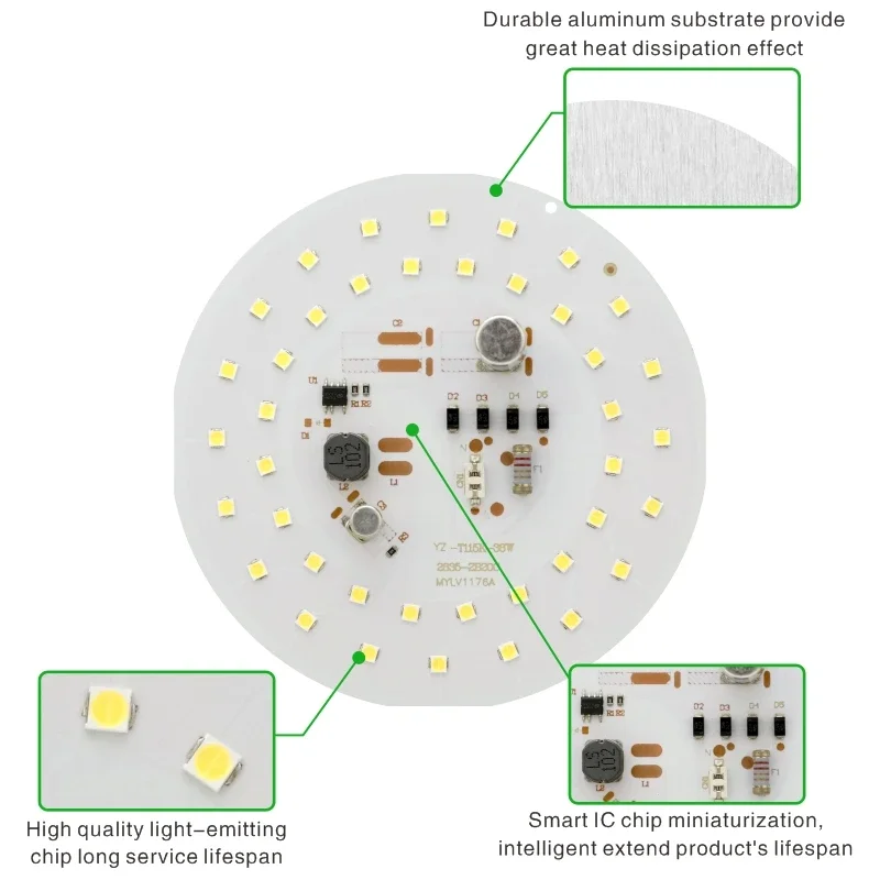 Puce ronde LED pour ampoule, perles lumineuses, lampe d\'éclairage, AC 220V, pas de puce, 5W, 10W, 14W, 18W, 28W, 38W, 45W, 2835SMD, DOB, Flicef