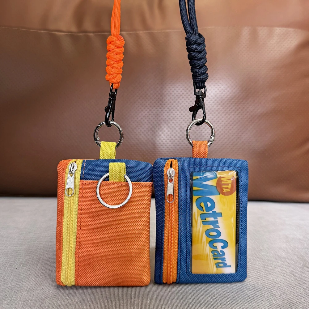 NEW 2026 Cute Color-blocked Mini Canvas Zipper Wallet Keys Organizer Portable Coins Bus Subway Card ID Holder Purse with Lanyard