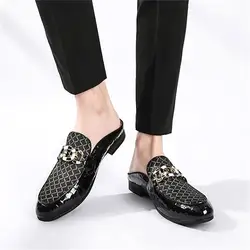 Men's Slip-on Mule Sandals Loafer with Gold Buckle Fashion Leather Formal Wear Casual Backless Dress Slippers