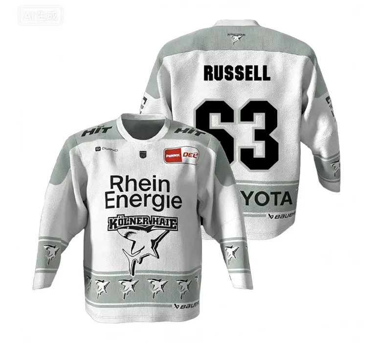Kölner Haie MacLeod # Camiseta Deportiva de Hockey Russell 2026 DEL Alemania, Impresión 3D, Cuello Redondo, Manga Larga, Unisex, Casual, para Adultos