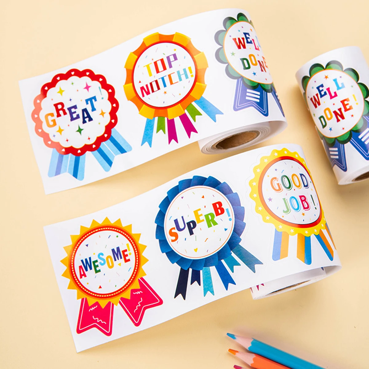 Cartoon English Award Medal Sticker Pupils Are Encouraged to Stick SUPERB GOOD JOB Excellent Corsage Sticker Material Shape Size