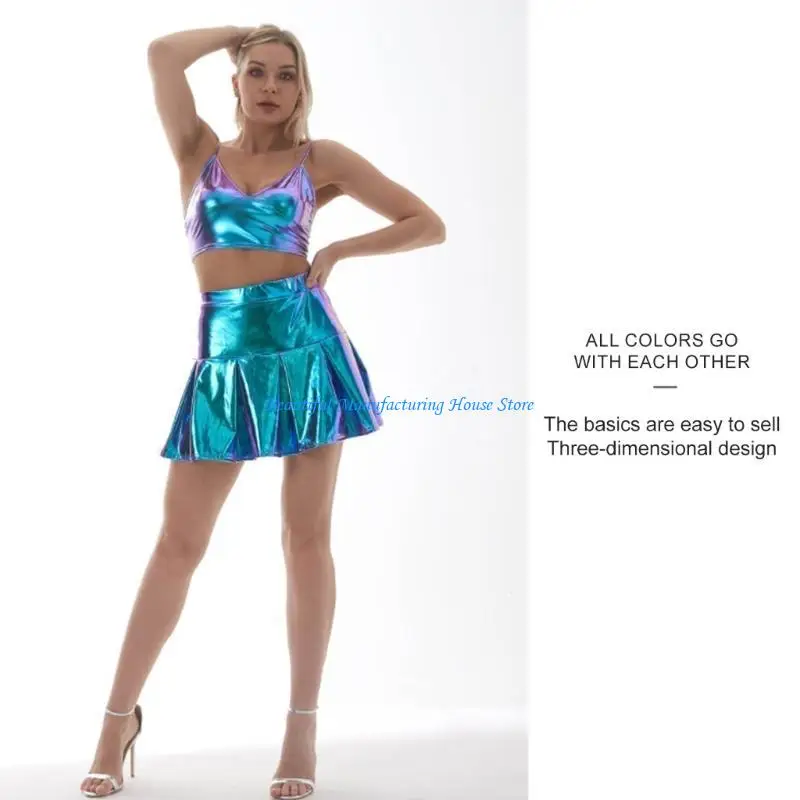 E56A Adjustable Strap Shining Bustier Tanks Top for Women Metallic Wet Look Sport Bra