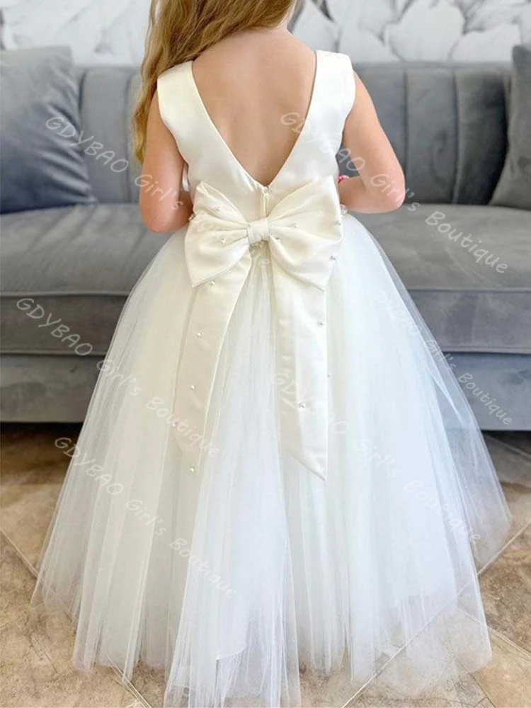 

Платье принцессы трапециевидной формы для девочек, атласное/тюлевое платье с открытой спиной и поясом из бисера, детское свадебное платье по индивидуальному заказу