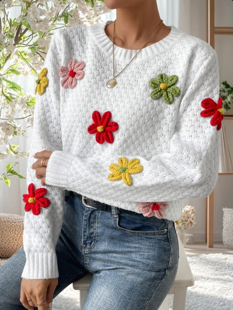 

Новый женский свитер с длинными рукавами и цветочной вышивкой, пуловер, элегантный однотонный топ с круглым вырезом, осенне-зимняя акция