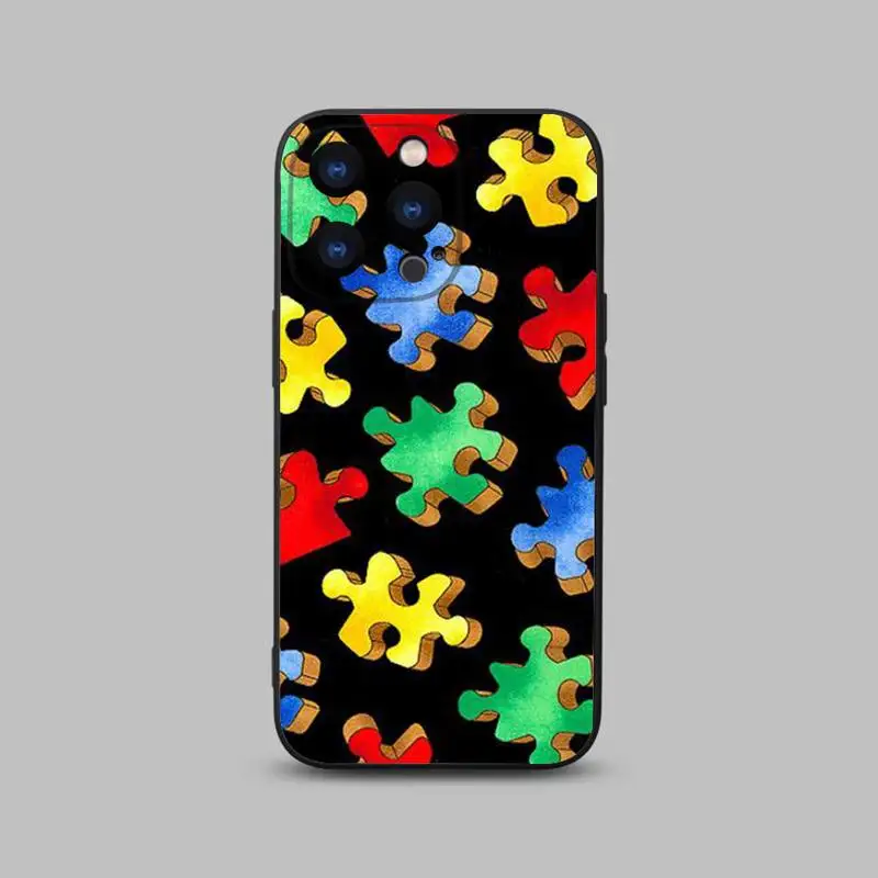 Autism Support Puzzle Phone Case For iPhone 15,14,13,12,11 Plus,Pro,Max,XR,XS,X,7,8 Plus,SE,Mini Black Silicone Soft