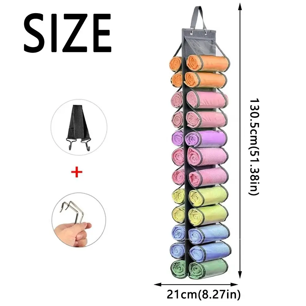 24 جيوب من خزائن الملابس، حامل لفة، منظم خزانة معلق شفاف على الوجهين، خطافات معدنية ذات سعة كبيرة