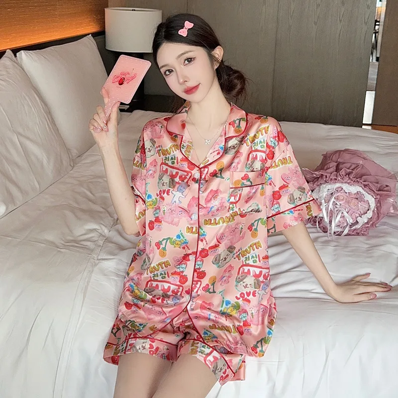 Women\'s Summer Cute Short-Sleeved Shorts Pajamas Homewear Sets Girls Girls Short-Sleeved Shorts Pajamas Ladies Casual Homewear