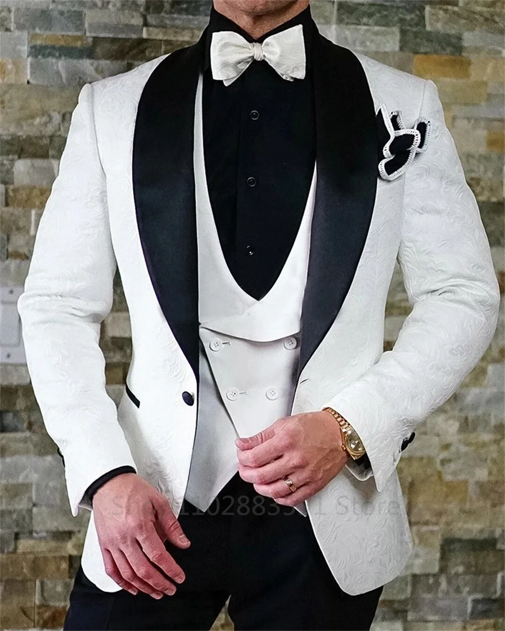 Smoking de fête de mariage en jacquard noir pour marié, olympiques pour hommes, gilet masculin, pantalon glacé, revers châle, coupe couvertes, 3 pièces