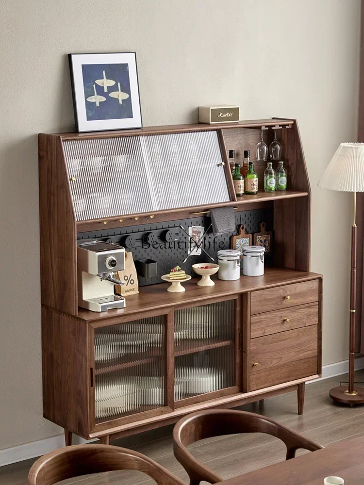 

yj15 Sideboard Cabinet Solid Wood Integrated Nordic Wall Storage High Glass Cabinet Storage Black Walnut