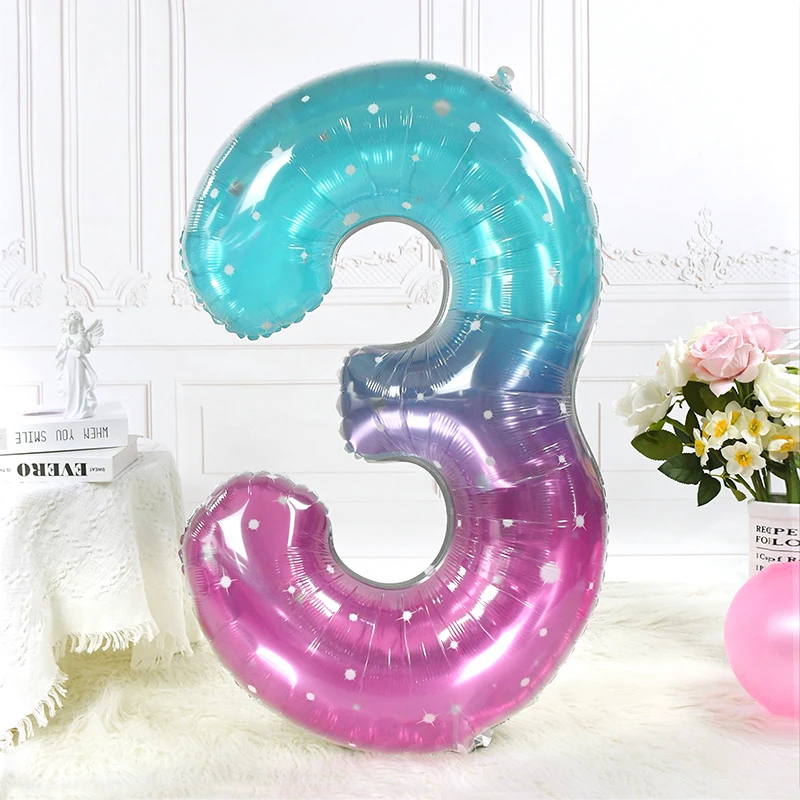 

40inch Giant Rainbow Starry Sky Number Balloon Foil Gradient Digital Kids Mermaid Birthday Party Decor Helium Ball