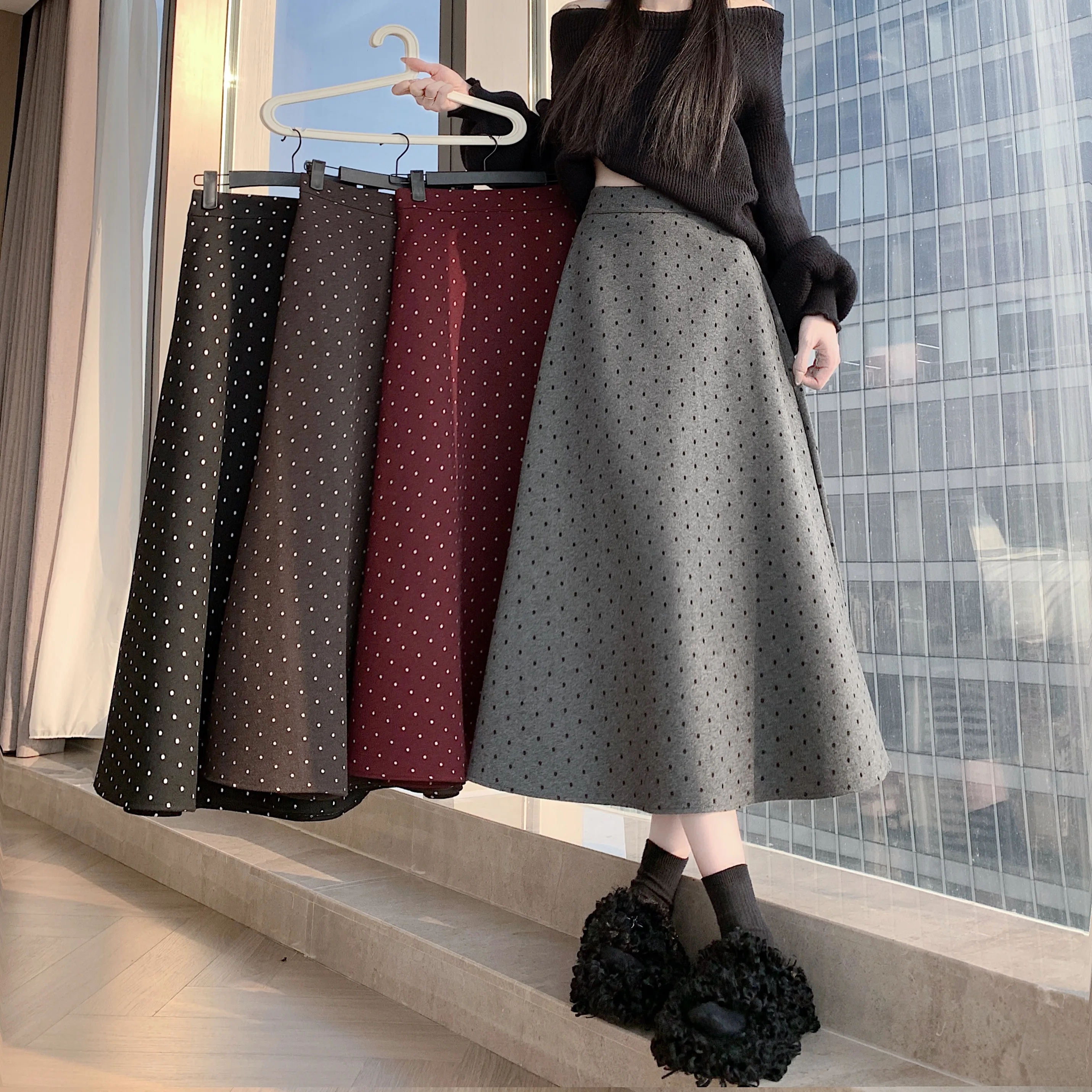 Warm Plaid A-Line Skirt Women's High Waist Umbrella Skirt Retro American Style Autumn Winter Korean Version round Dot Design