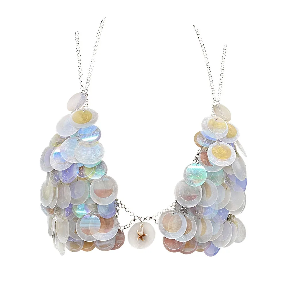 Handmade Gradient Natural Mica Shell Hollowed Out Iron Chain Triangle Cup Body Chain Jewelry Music Festival