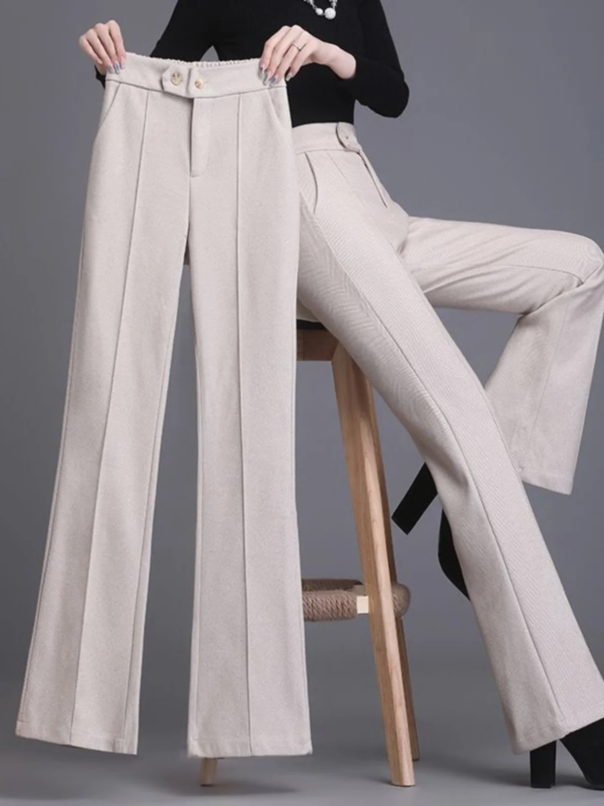 

Женские утепленные брюки с высокой талией и широкими штанинами, осенне-зимние повседневные длинные брюки, модные свободные брюки-клеш с высокой талией