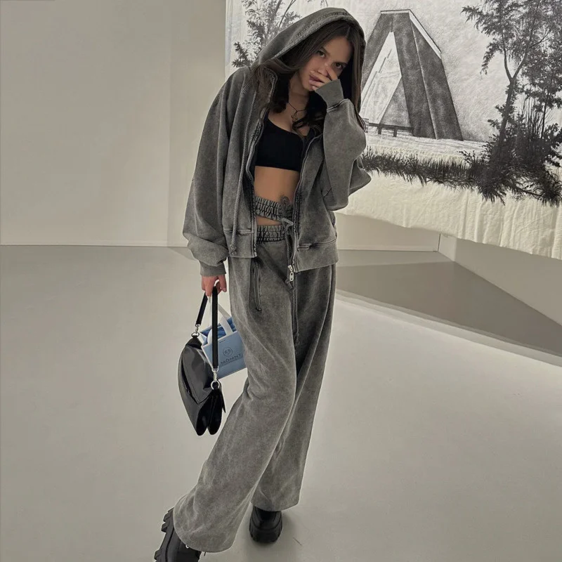 Vintage Hollow Out Design Wide Leg Pants Gray Loose Casual Sports Pants For Women High Waist Wide Leg Sweatpants Women Clothing