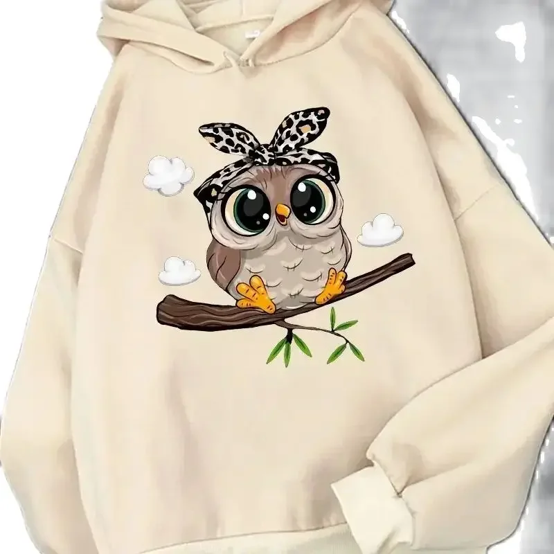 Hirsionsan Kawaii Cartoon Print Hoodies Women Oversized Sportwear Female Sweatshirt Cute Graphic Fleece Ladies Clothes Owl Night