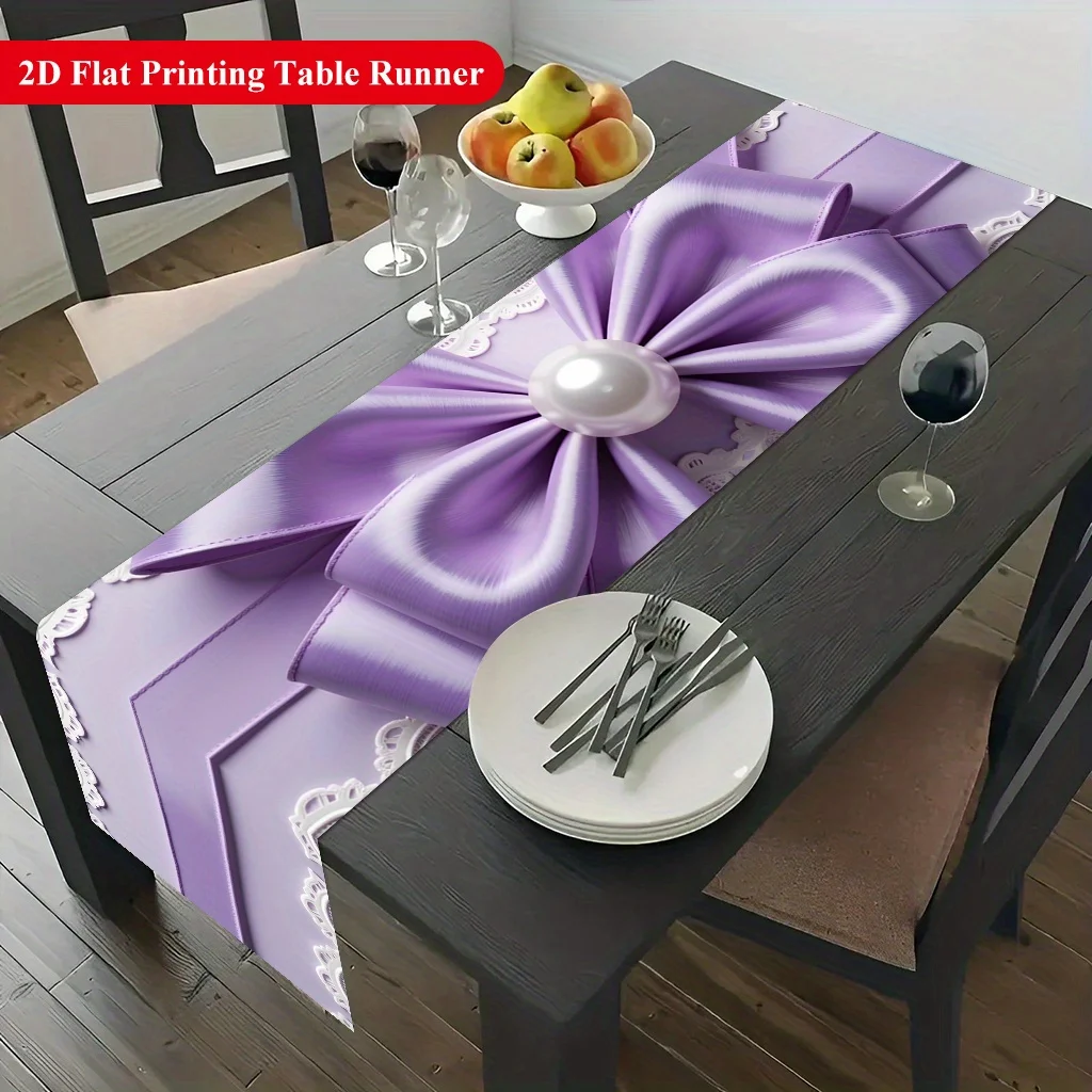 1pc 2D Flat Table Runner, Purple Ribbon and Pearl Printed Rectangle Table Runner, Decor for Dining Table, Coffee Table, Kitchen