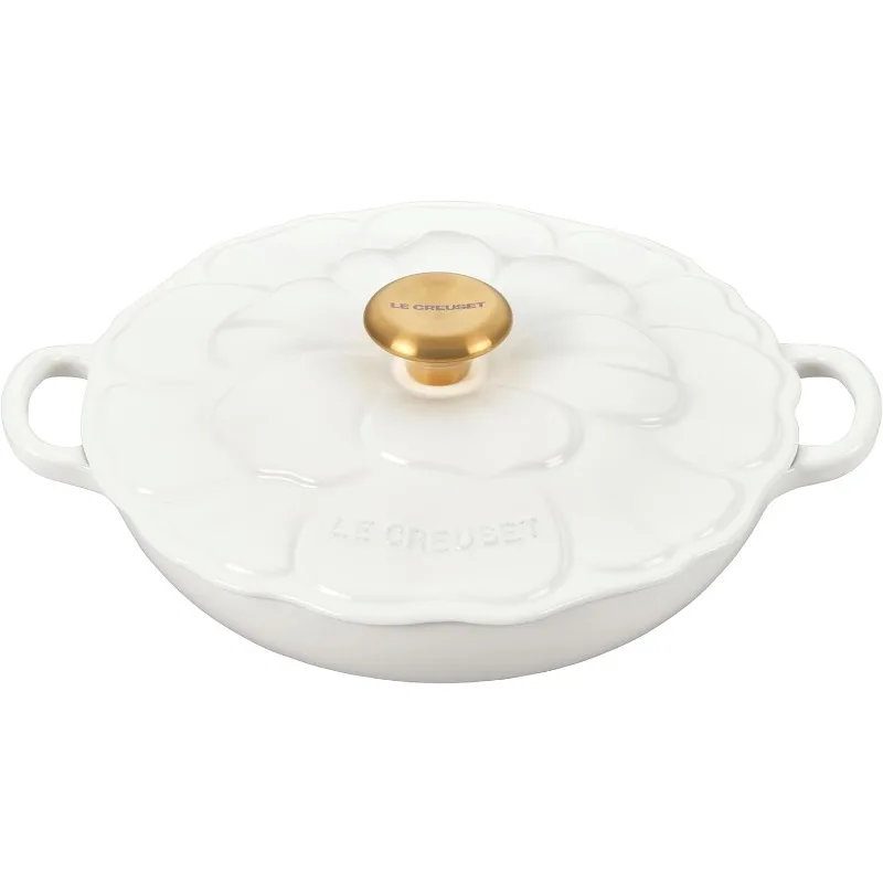 Enameled Cast Iron Petal Braiser, 2.25qt. White Dutch Ovens Pots and Pans, Gold Knob