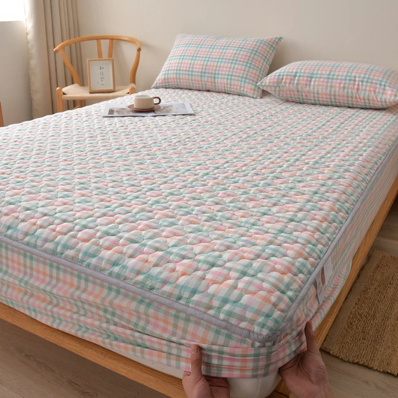 1pc 100%Cotton Mattress Cover Quilted Fitted Sheet Queen/King Thickened Mattress Protector Striped cubre colchón(no pillowcase)