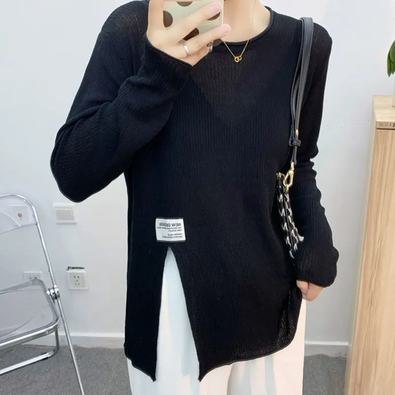 

Striped Pullover Women Korean Style Vintage Side-slit Elegant Loose O-neck Cozy Fashionable New All-match Female Sweater Simple