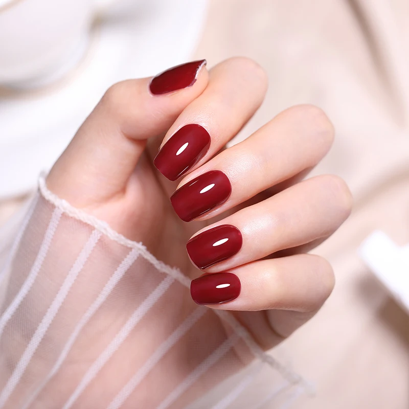 Harunouta Red Semi Cured Gel Nail Strips Nude Solid Color Full Cover Nail Stickers Gel Polish Press on Nail Need Nail Dryer Cure